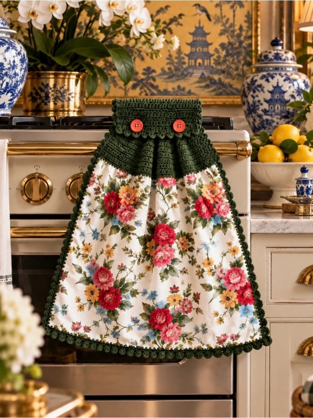 Pioneer Woman Floral Crochet Hanging Kitchen Towel Moss Green Handmade